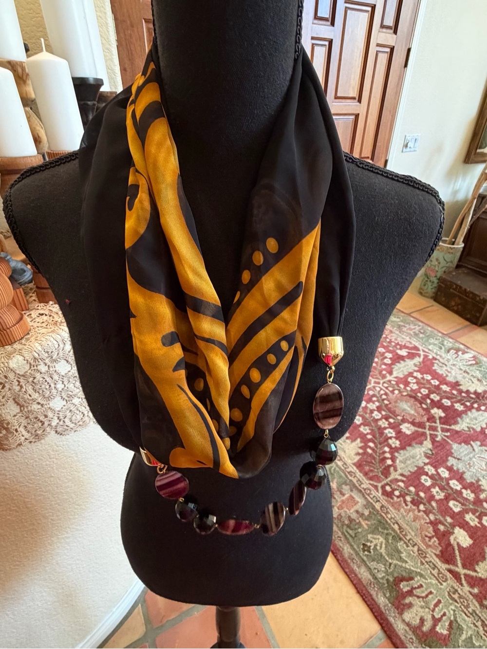 Elegant Black & Mustard Infinity Scarf Necklace with Beaded Accent - Picture 4 of 8